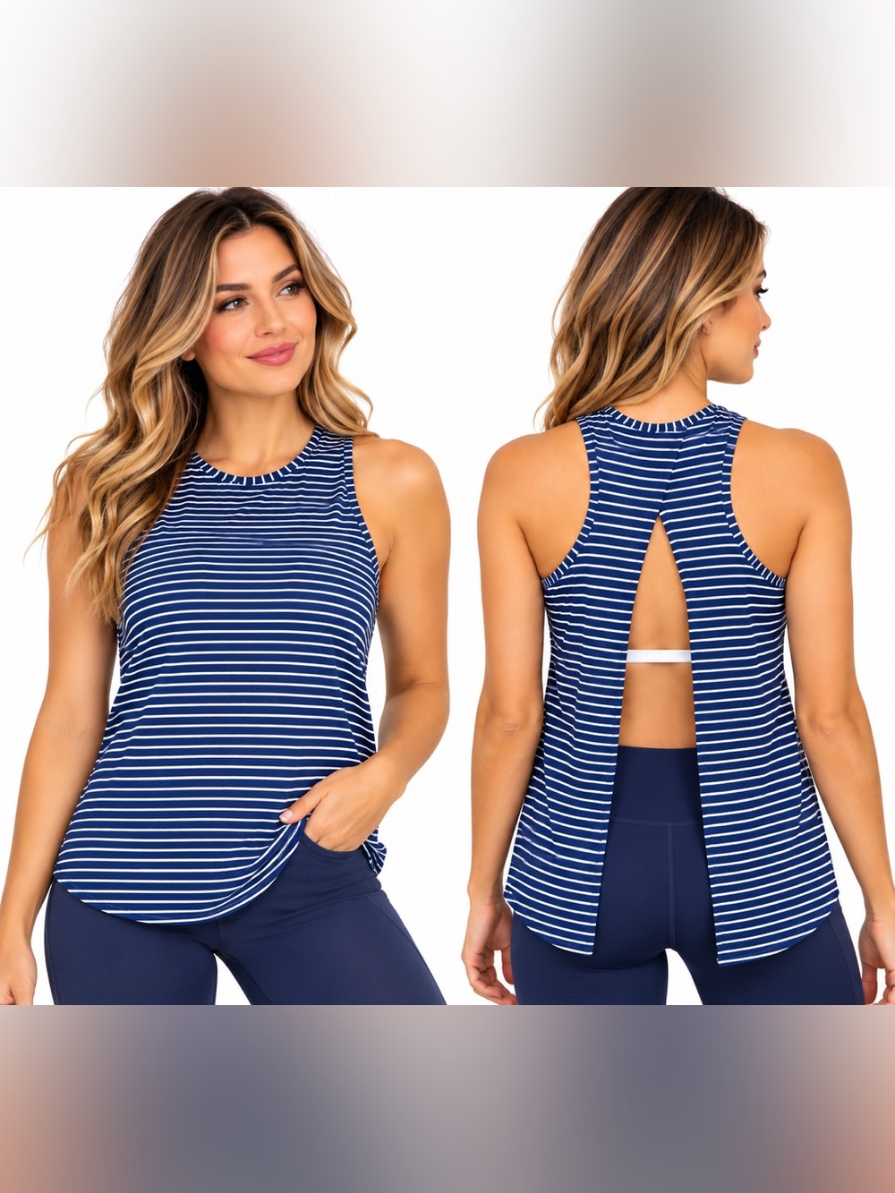 Lululemon Size 4 Navy White Striped Open Back Split OpenBack Tank Top Pima Cotto